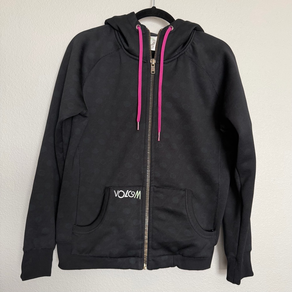 Volcom Hoodie Women’s/Unisex Large Full Zip Black Pink Drawstring Y2K Jacket VTG